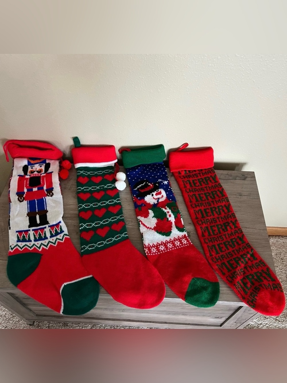 Vintage 80s Knit Christmas Stockings Kurt Adler Holiday Set of 4 Snowman Hearts